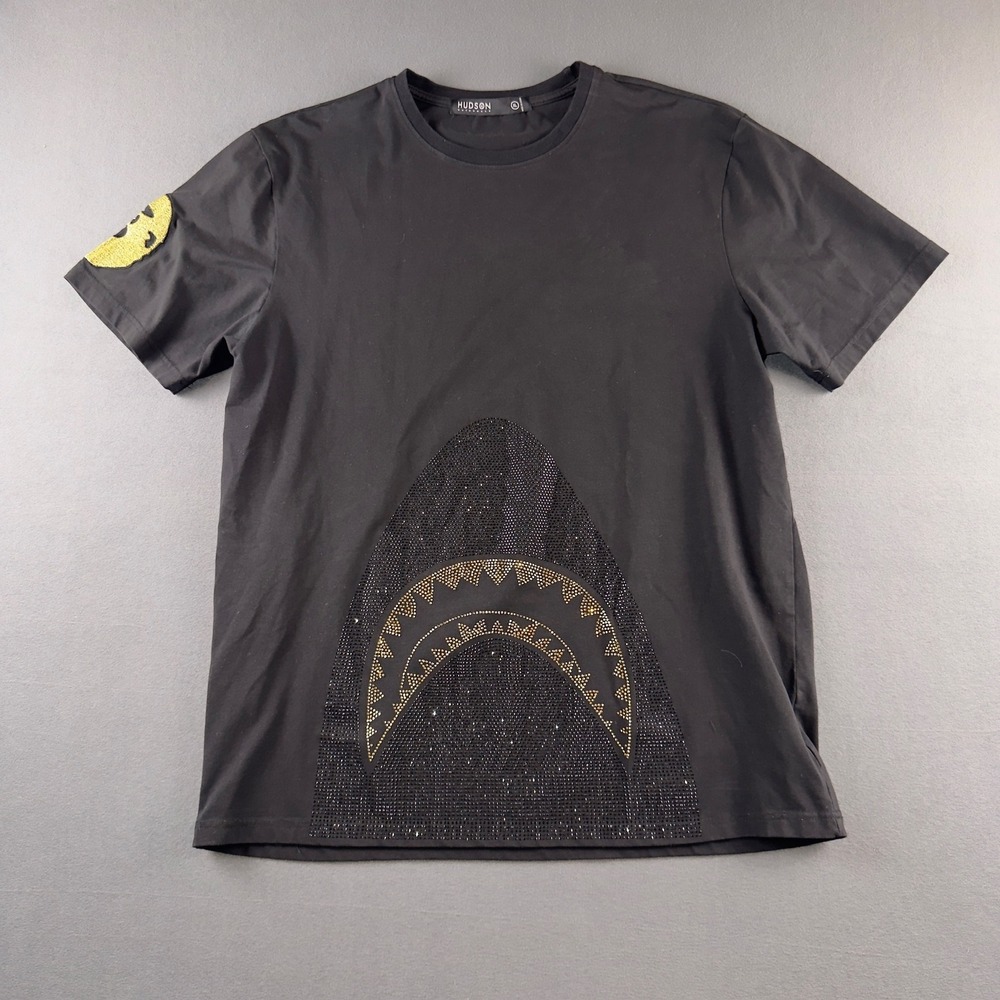 Hudson Outerwear Mens Black Rhinestone Shark Mouth T-Shirt Gold Ape Patch XL